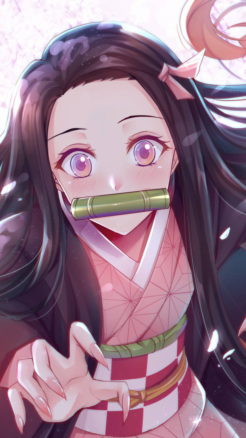 Nezuko from Demon Slayer with cherry blossoms in the background - Nezuko