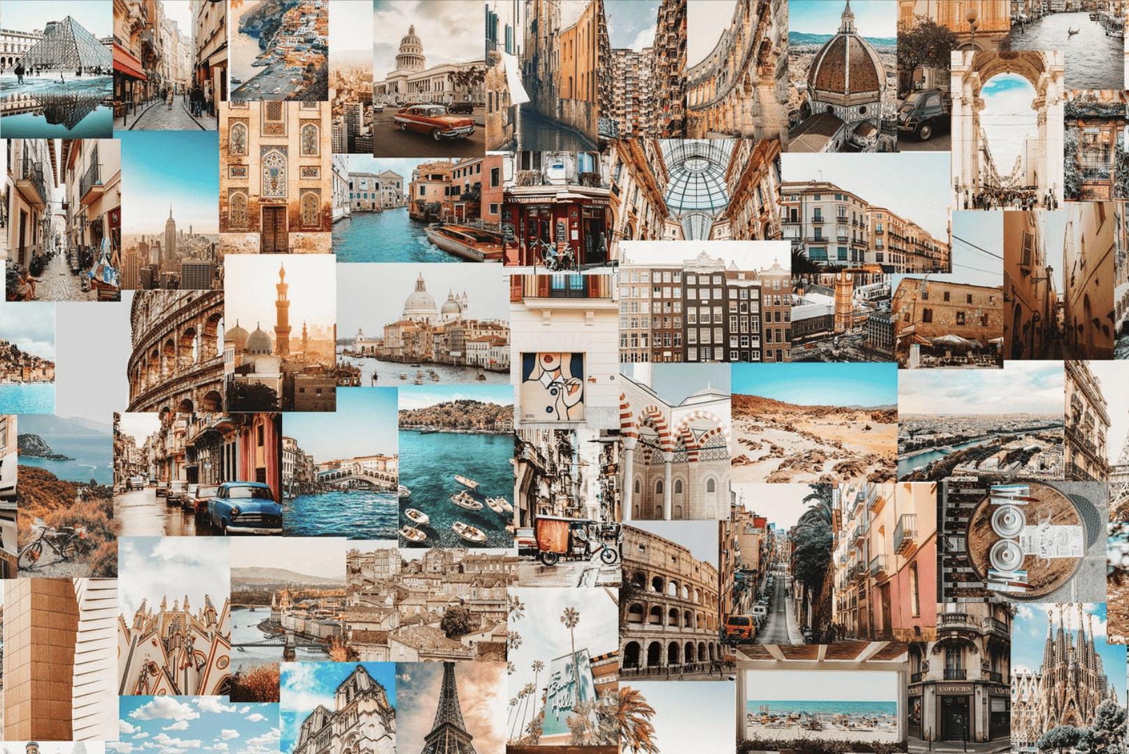 A collage of pictures with buildings and water - Travel