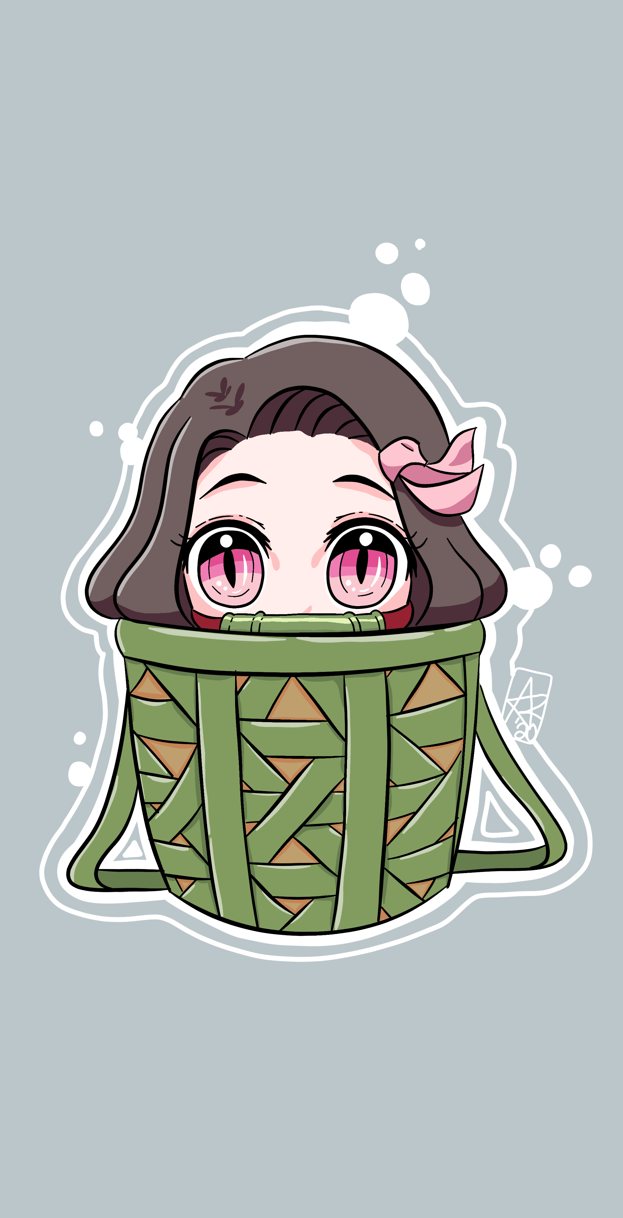 Anime girl with pink eyes in a green basket - Nezuko