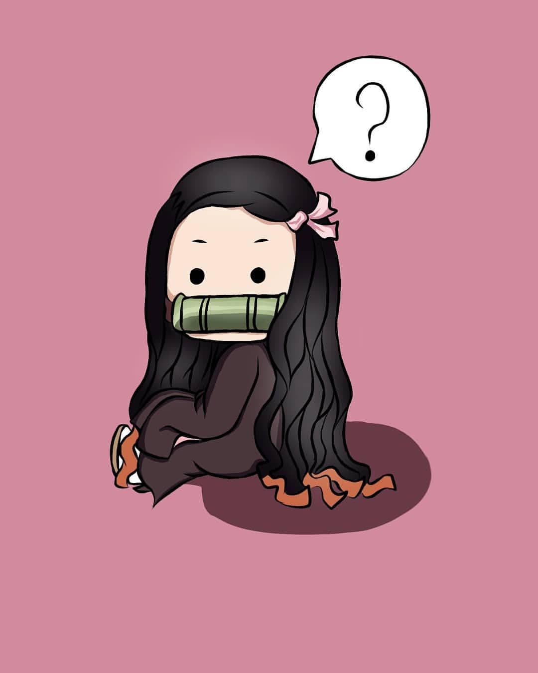 A cartoon girl with long hair and black eyes sitting on the ground - Nezuko