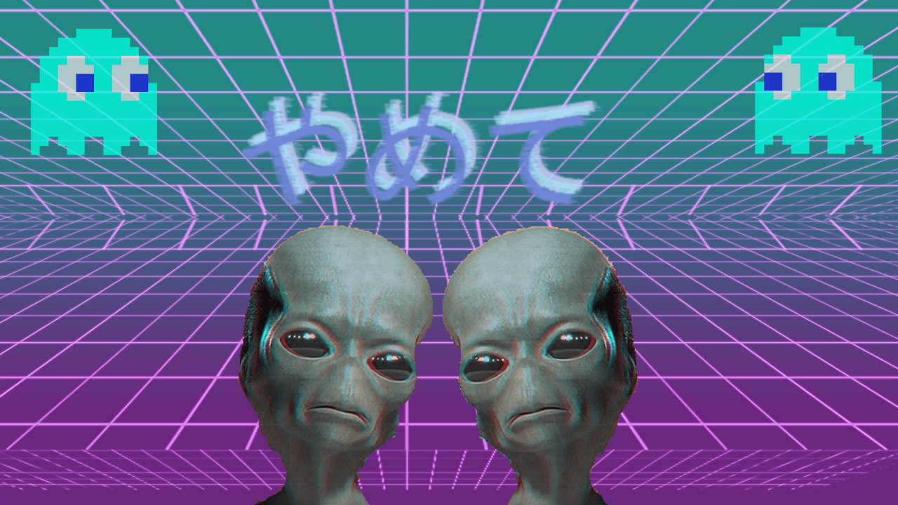 A digital image of two grey alien heads with purple grid lines behind them - Vaporwave, alien