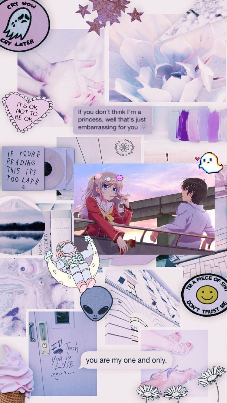 Aesthetic background with anime, purple, pink, and white - Study