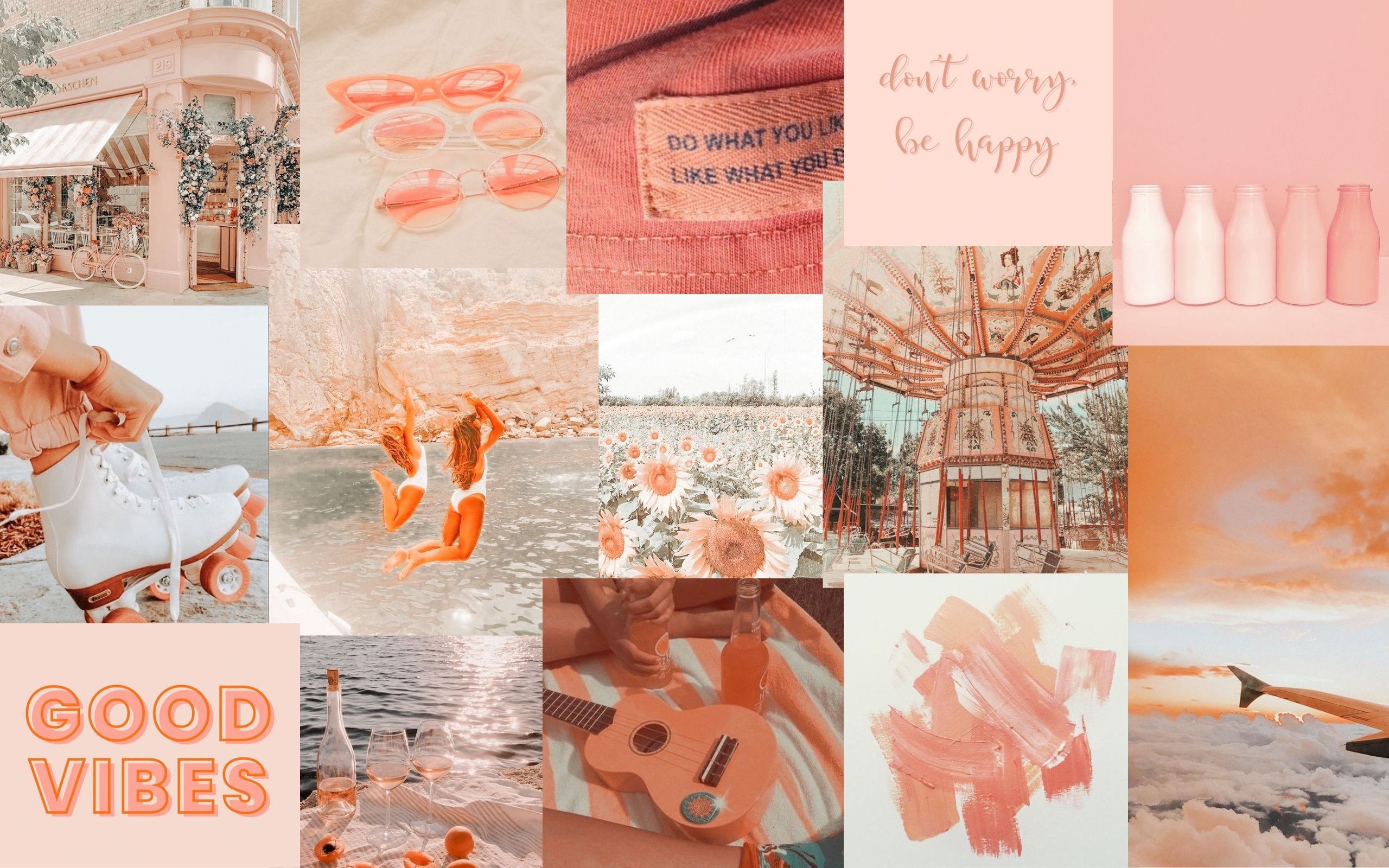 A collage of photos including a rollercoaster, a pink and white wall, and the words 