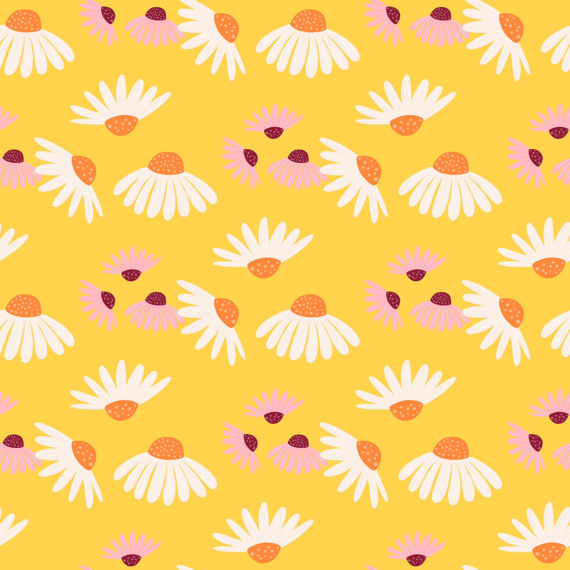 Nature seamless pattern with white and pink meadow daisy flowers ornament. Bright yellow background