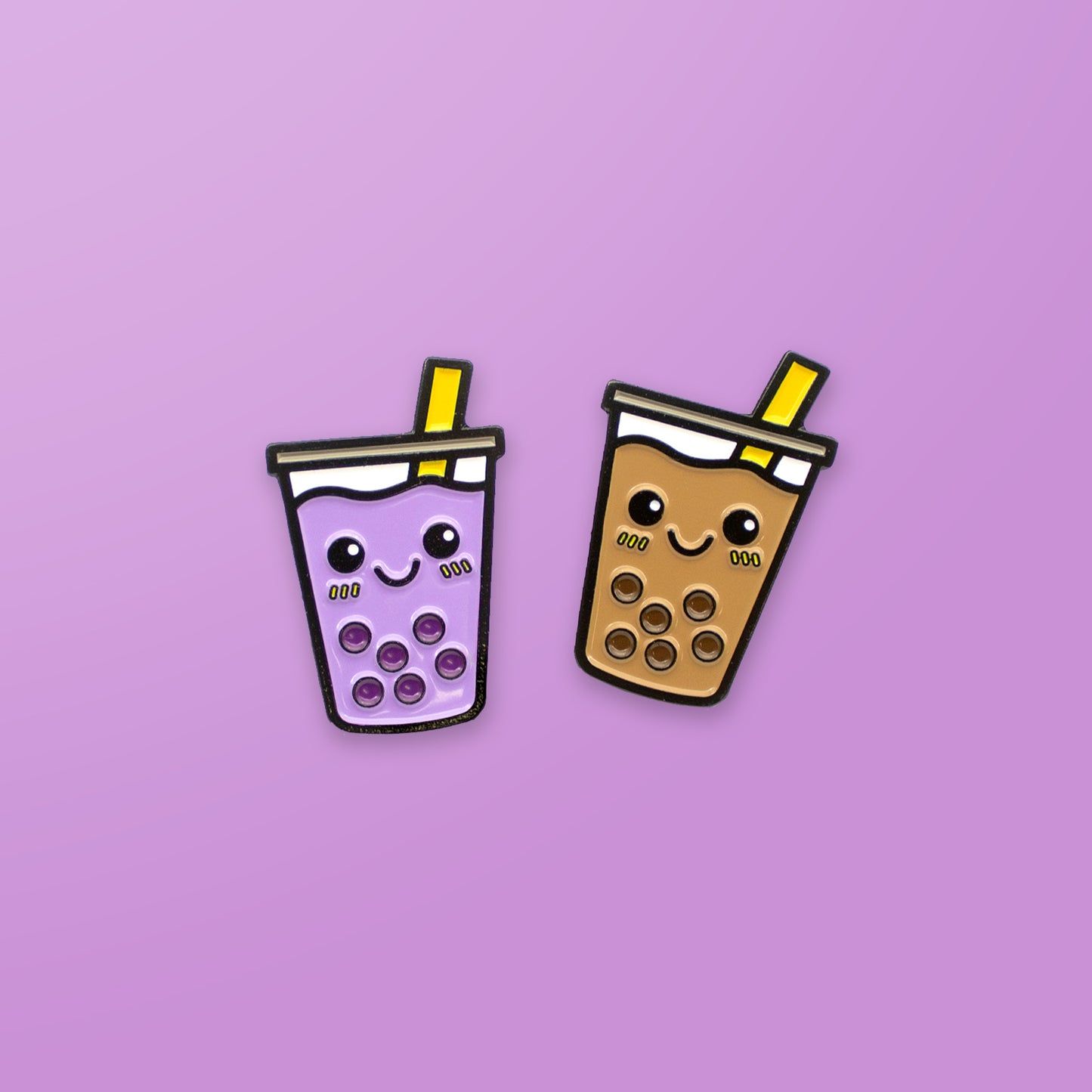 Two boba drinks with straw and a purple background - Boba
