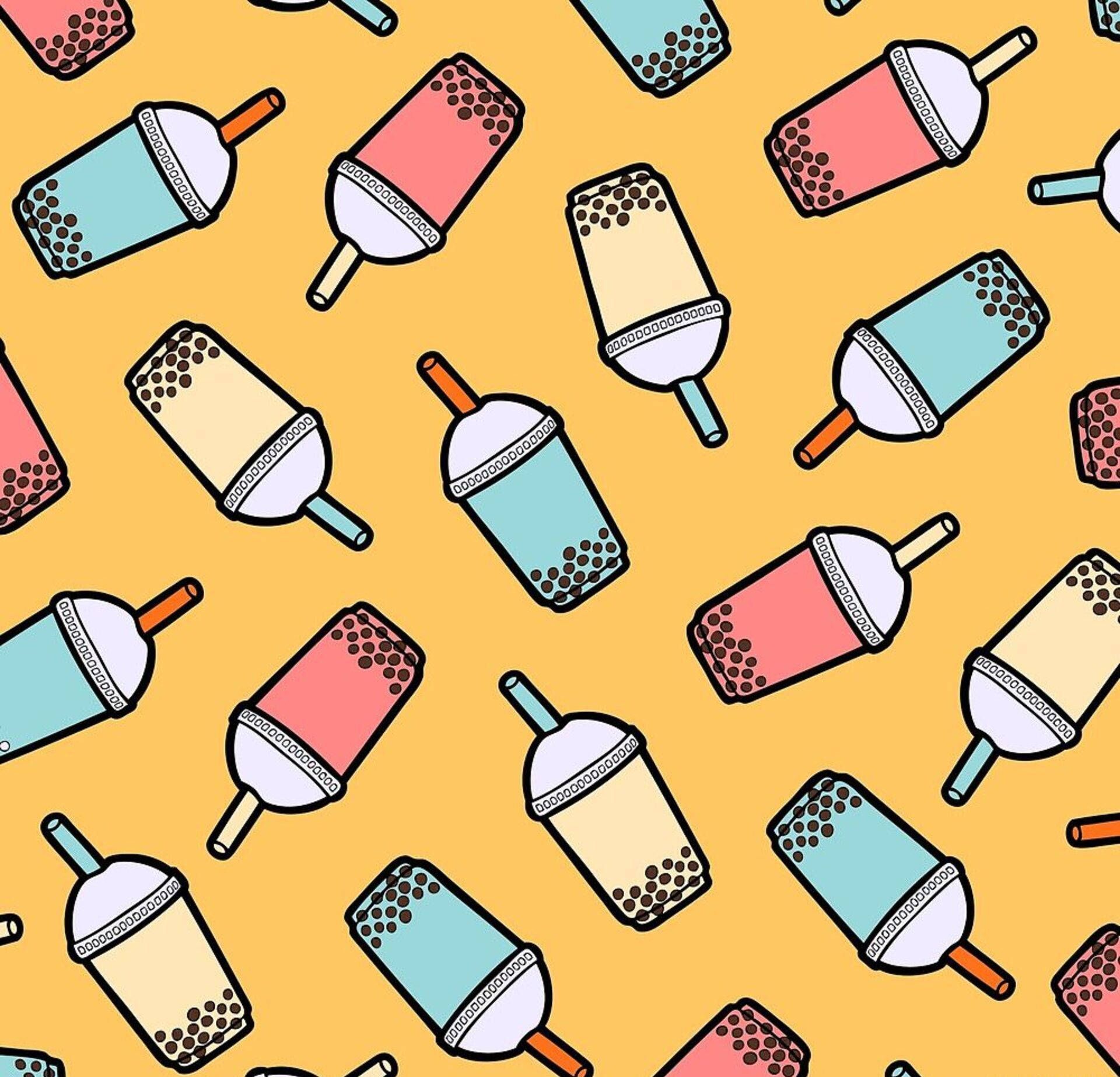 A pattern of boba drinks on yellow background - Boba