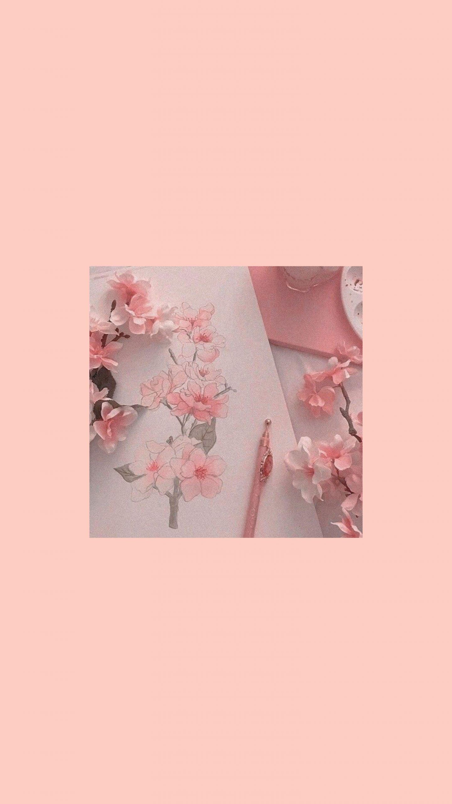 A pink background with flowers and tea - Peach, paper