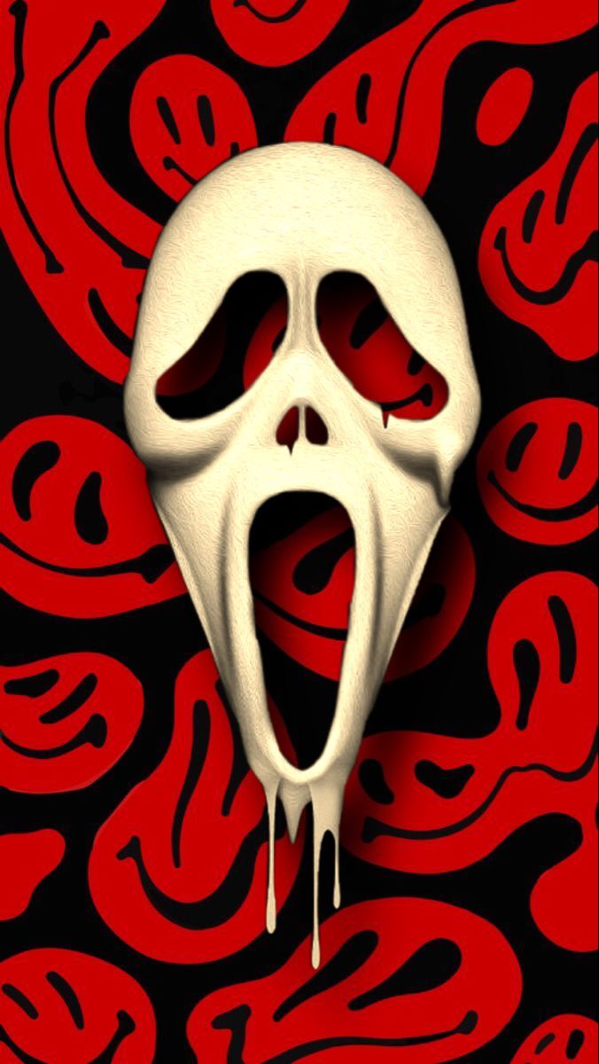 A Scream phone wallpaper with the ghost face scream mask in white on a red background - Creepy, horror, Ghostface
