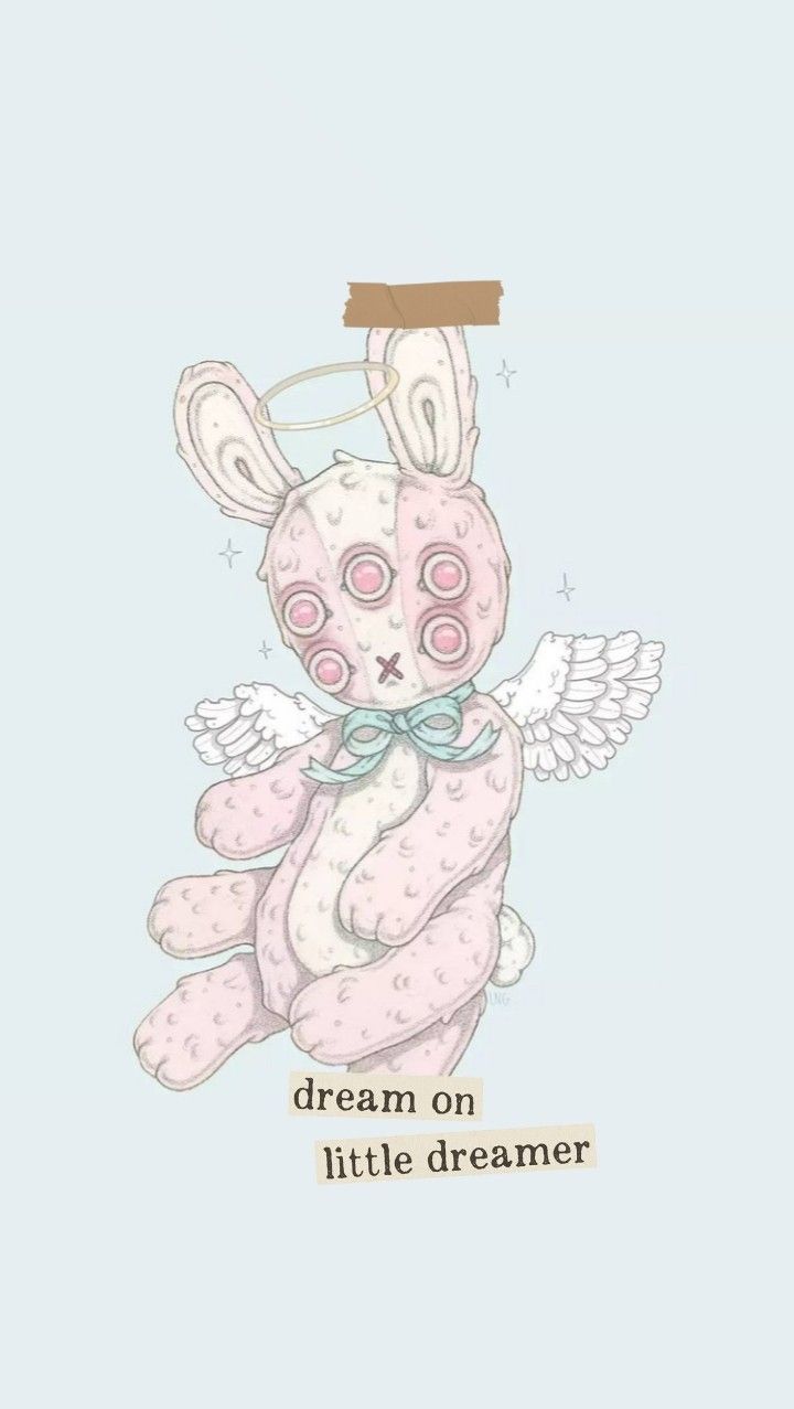 A cute illustration of a pink bunny with angel wings and a halo. - Creepy