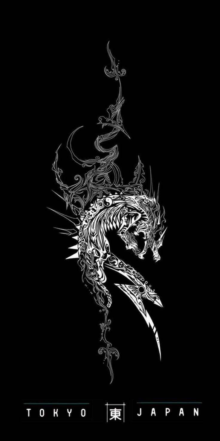 Black and white illustration of a dragon on a black background - Dragon