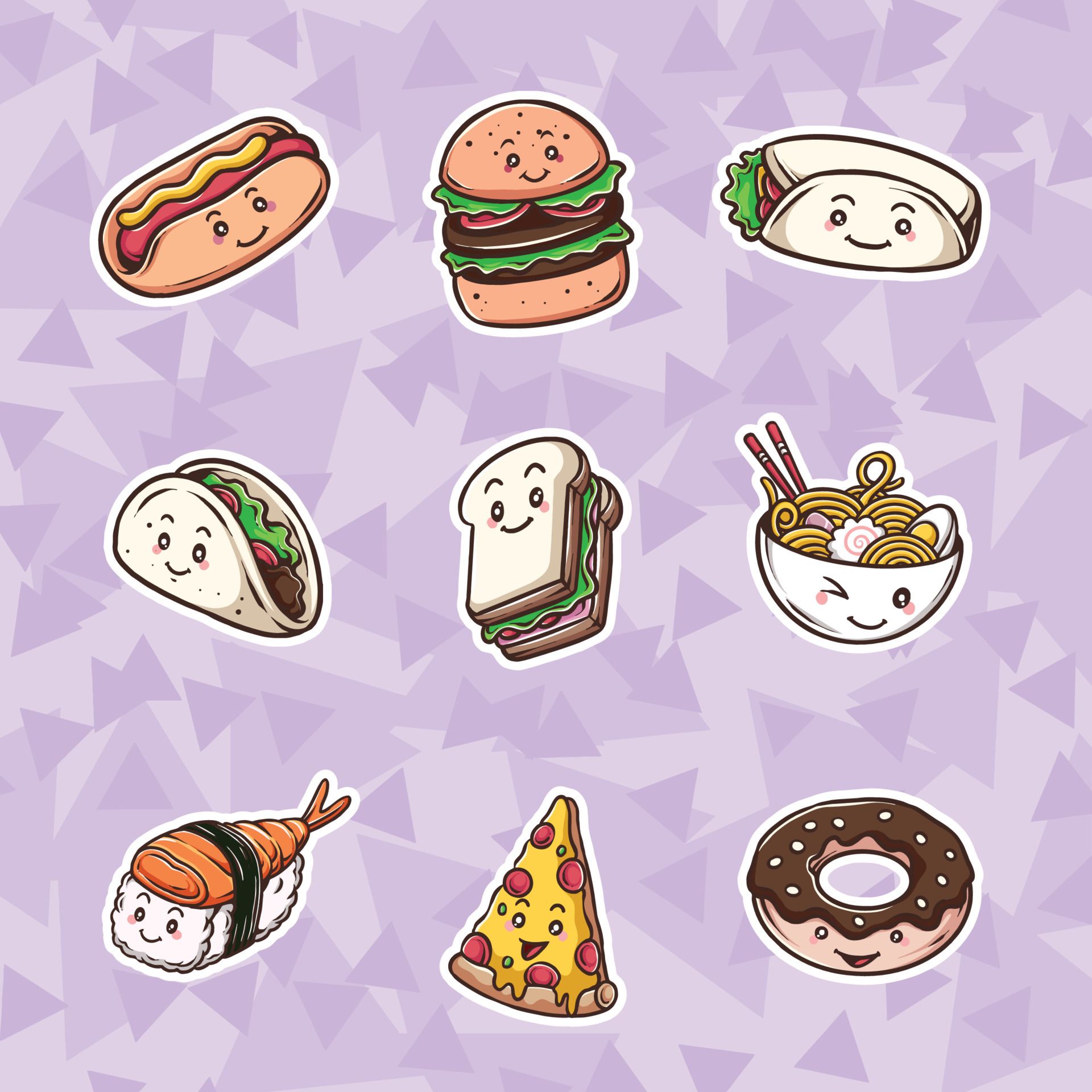 Set of stickers with kawaii food on a purple background - Foodie