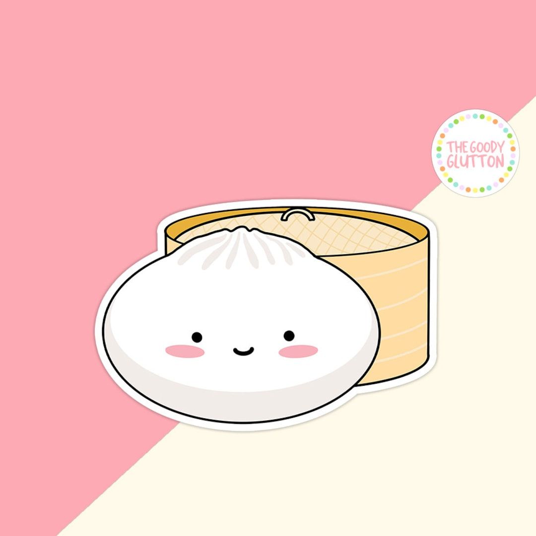 A sticker of a cartoon xiaolongbao with a smiley face and pink cheeks, with its bamboo steamer in the background. - Foodie