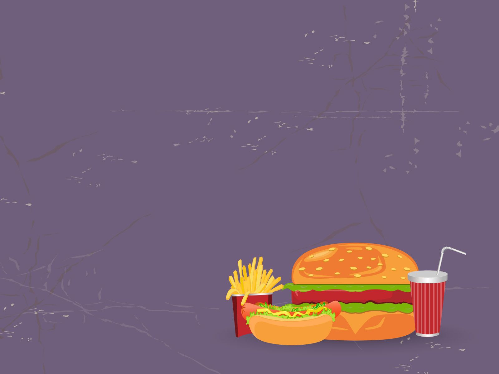 Fast food background with a burger, hot dog, fries and a drink - Foodie