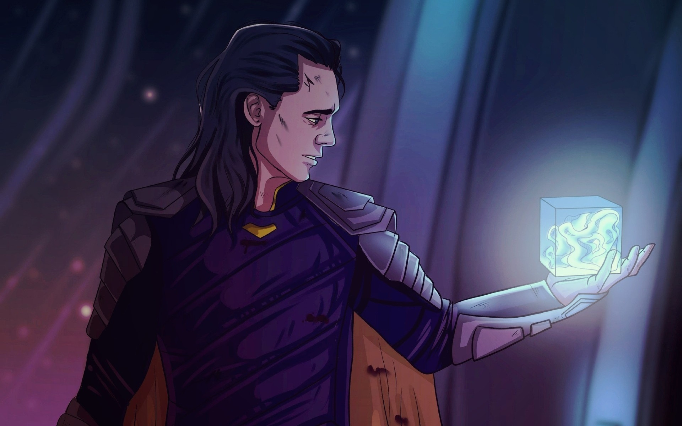 A digital illustration of a man with long black hair, wearing a purple and gold outfit. He is holding a glowing cube in his hand. - Loki