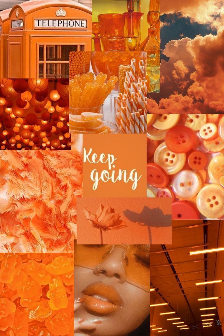 A collage of orange and yellow images with the words keep going - Orange, dark orange, pastel orange