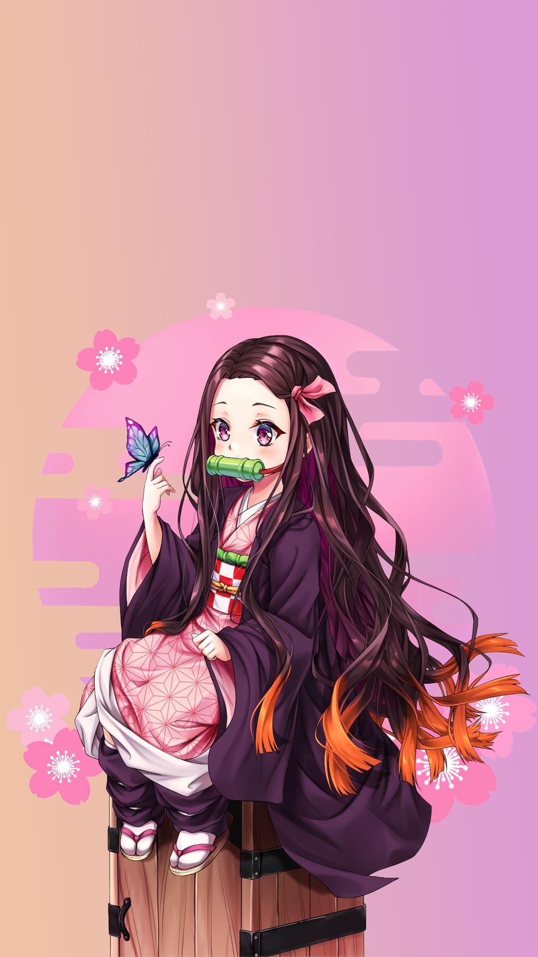 A girl in anime style sitting on top of something - Nezuko