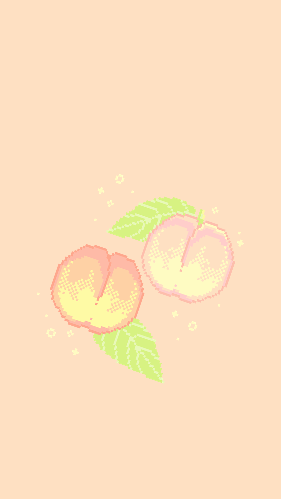 A pixelated image of two peaches with leaves on a light orange background. - Peach