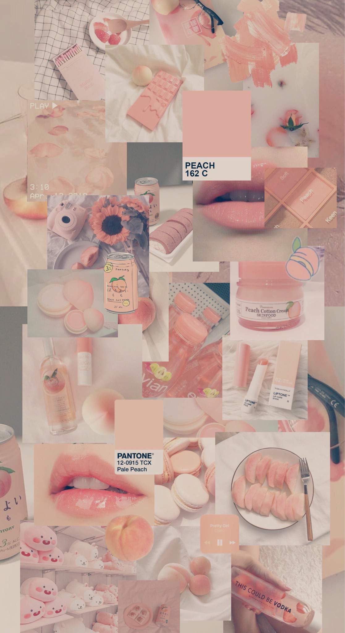 A collage of pictures with pink and white items - Peach, makeup