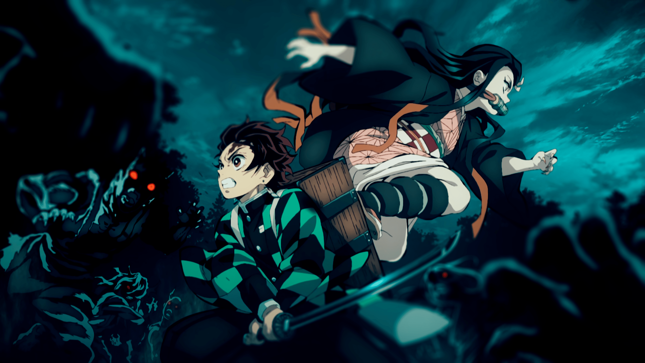 Anime wallpaper with two characters in the dark - Nezuko, Demon Slayer
