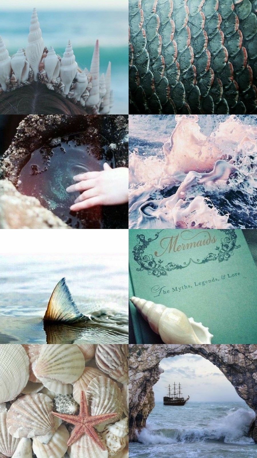 Collage of four different mermaid pictures including seashells, a book, a ship, and a mermaid tail. - Mermaid