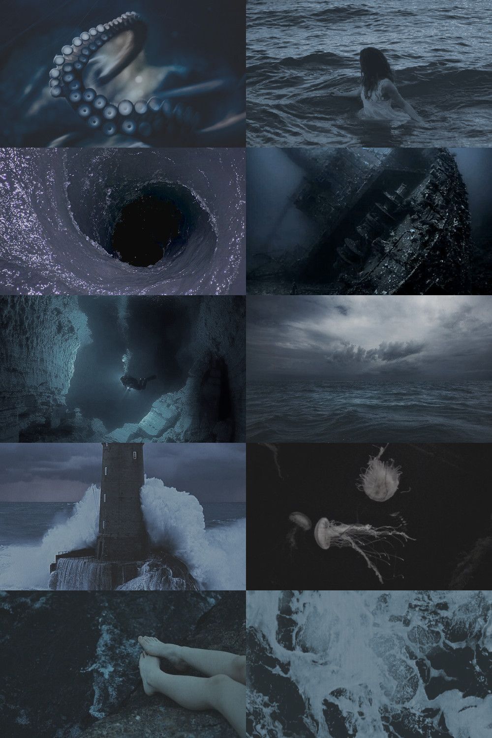 A collage of eight images of the sea, featuring an octopus, a mermaid, a lighthouse, and a jellyfish. - Mermaid