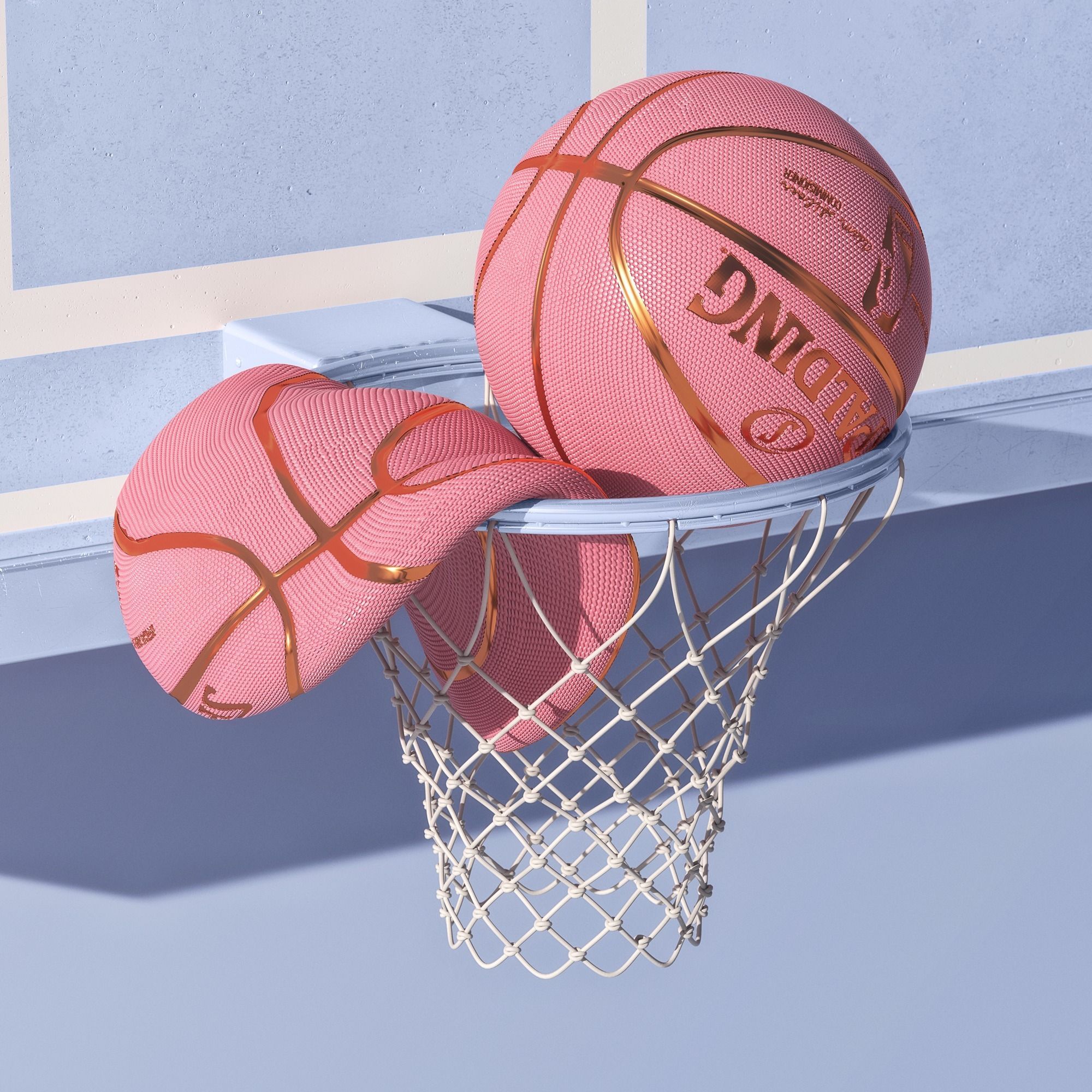 A basketball net with two pink basketballs in it - Basketball