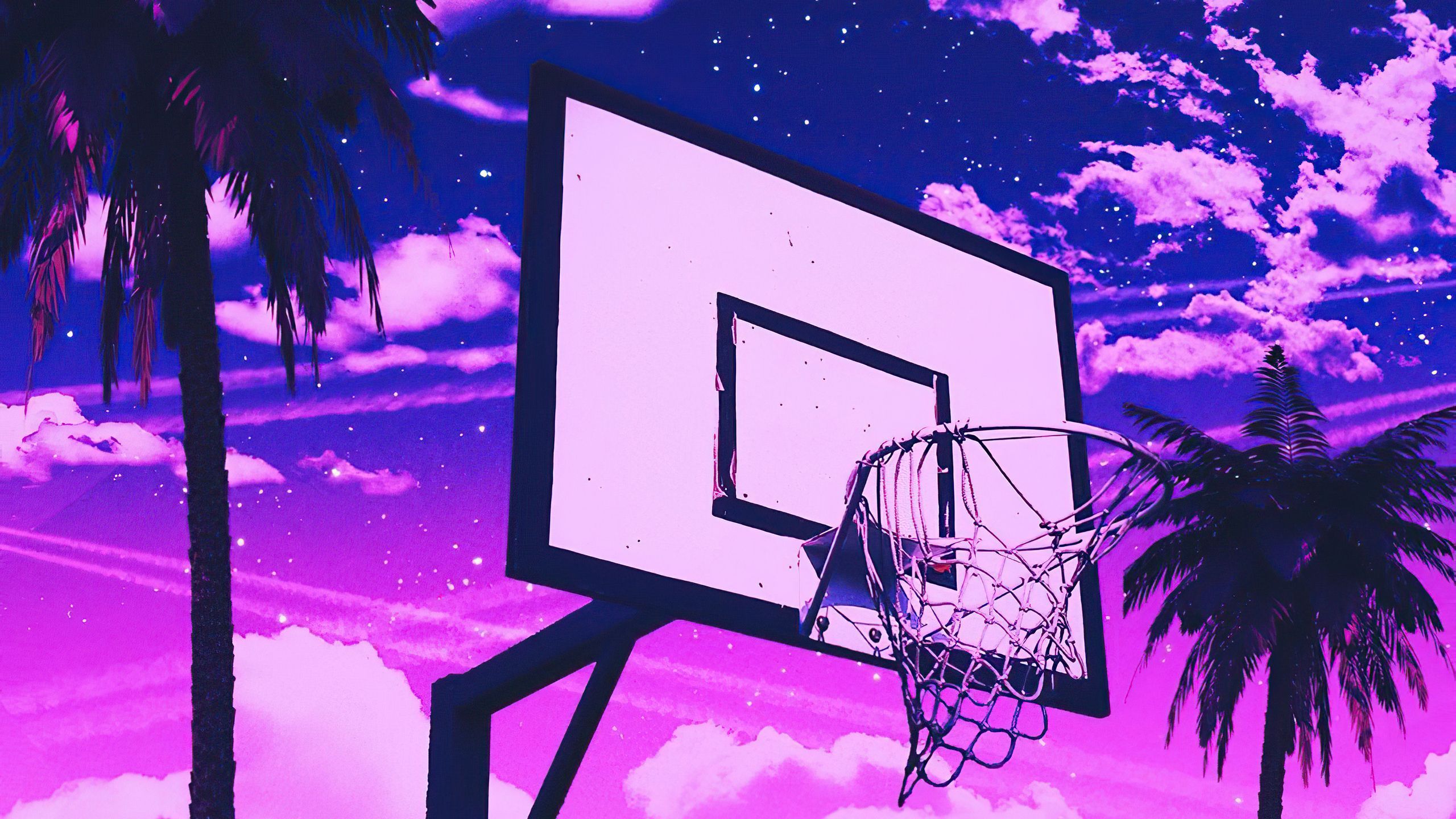 A basketball hoop with a purple and pink sky in the background - Basketball