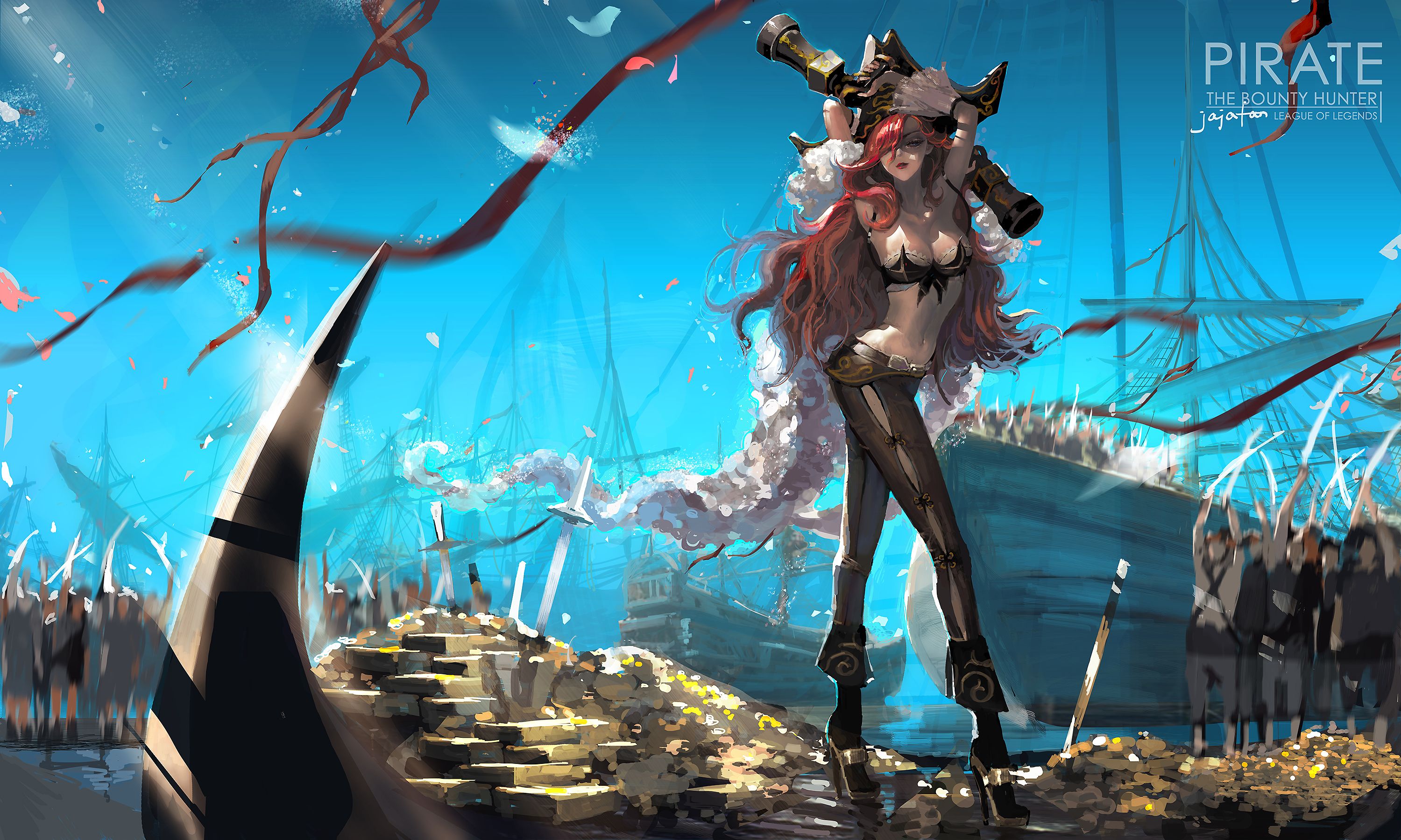 A beautiful anime girl with a sword in her hands, standing on a pile of gold and treasure, with a ship in the background - Pirate