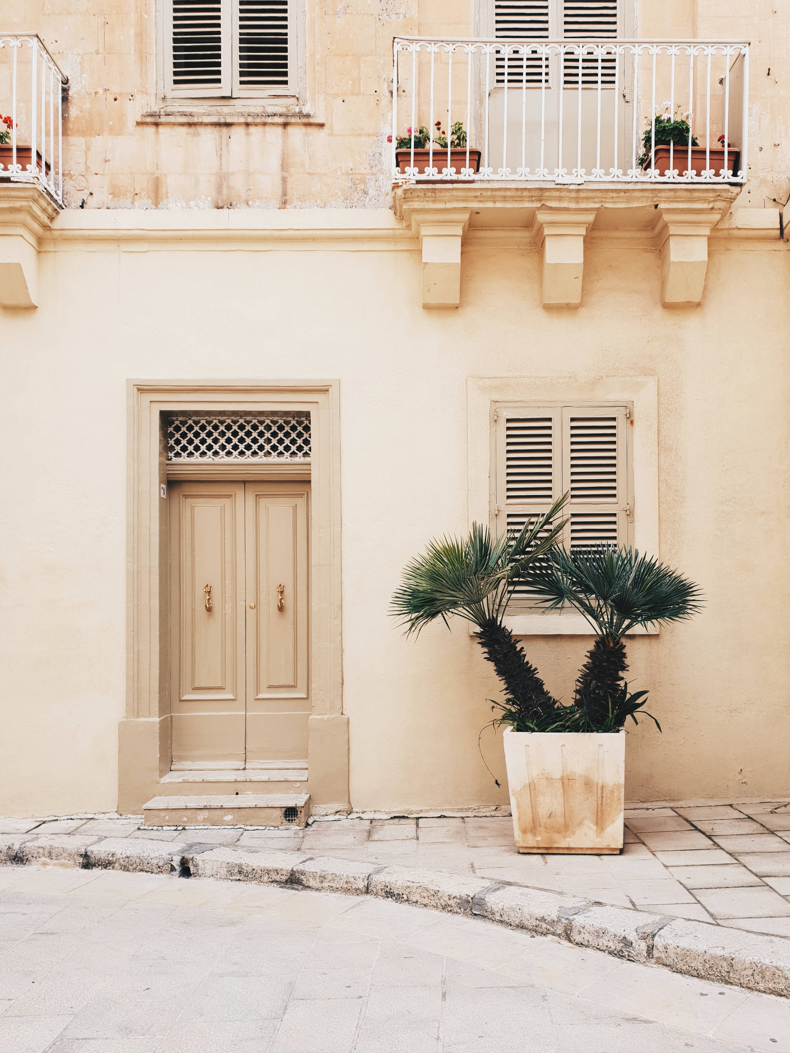 A house with a balcony, a door, a window, and a potted plant in front of it. - Royalcore, cream, beige, minimalist beige