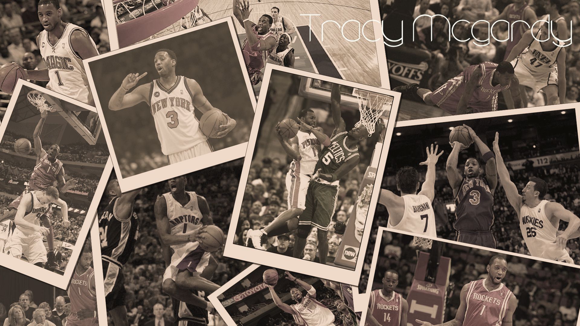 A collage of basketball players on the wall - Basketball