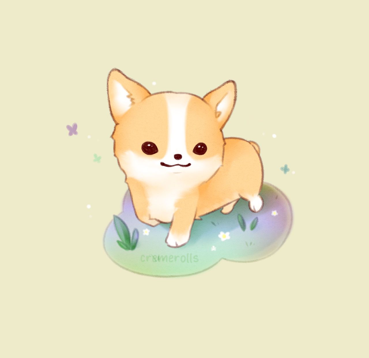 A cute illustration of a corgi puppy standing on a cloud - Corgi