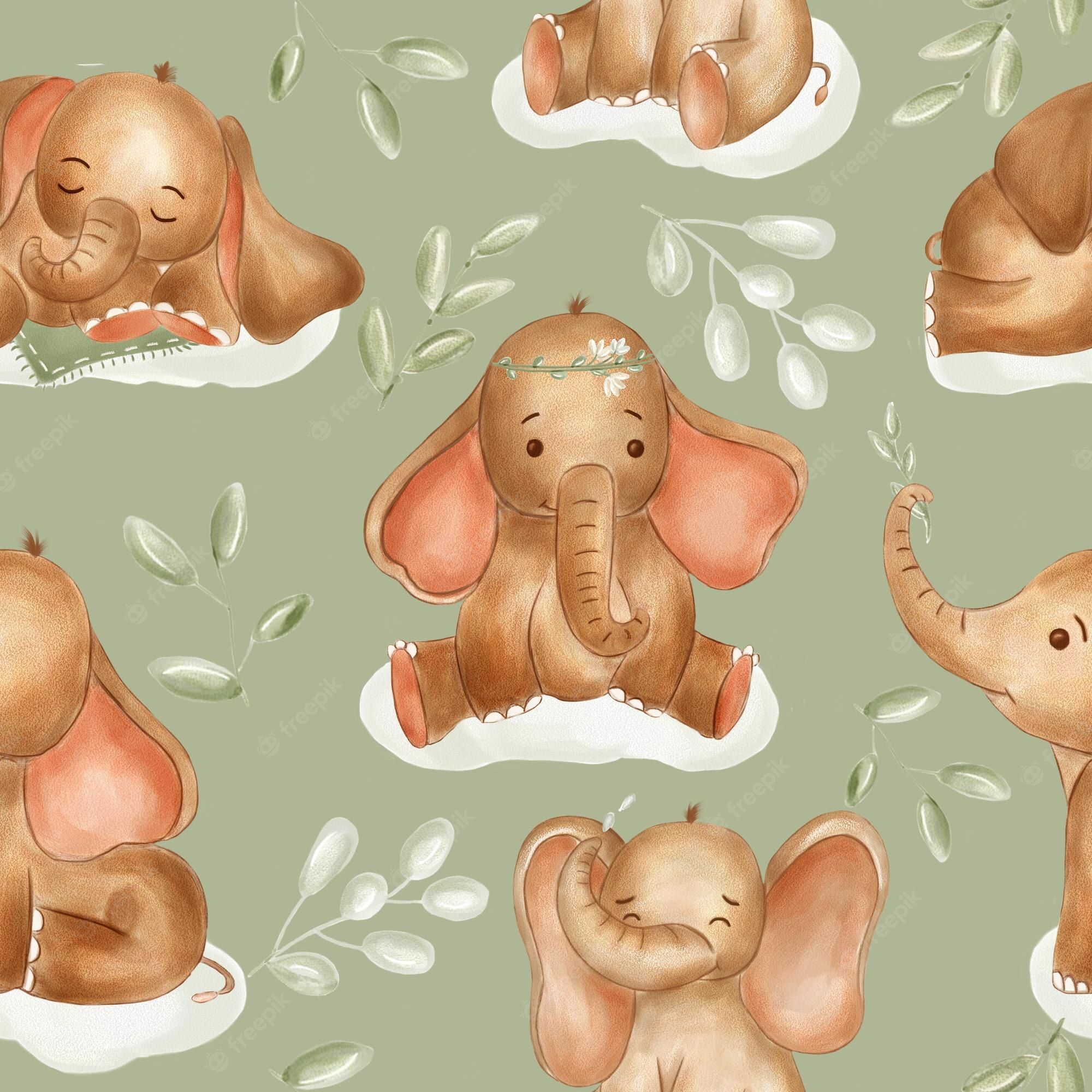 Watercolor illustration of a cute baby elephant with a branch - Elephant