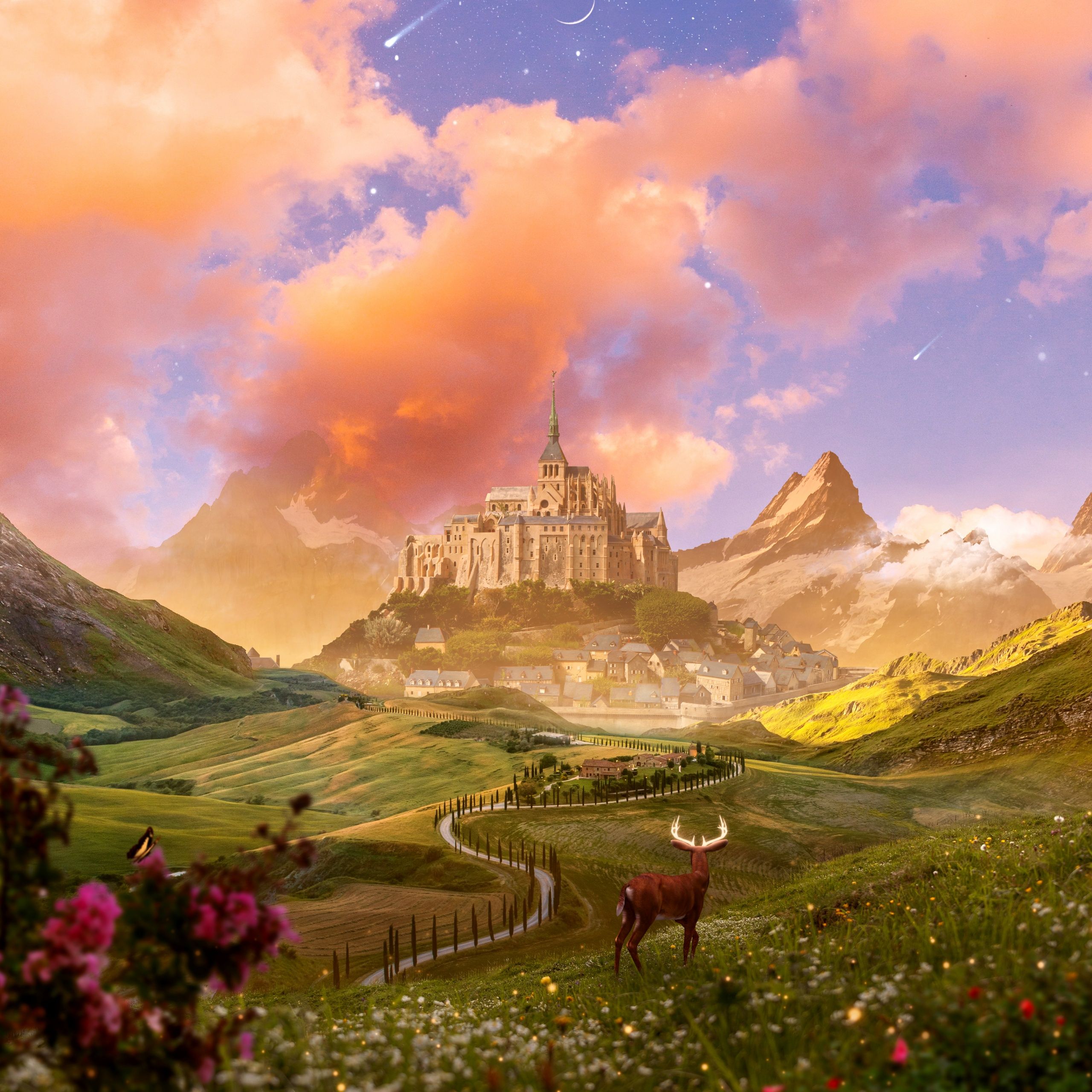 A fantasy castle in the mountains with a deer and a girl - Castle, landscape, architecture