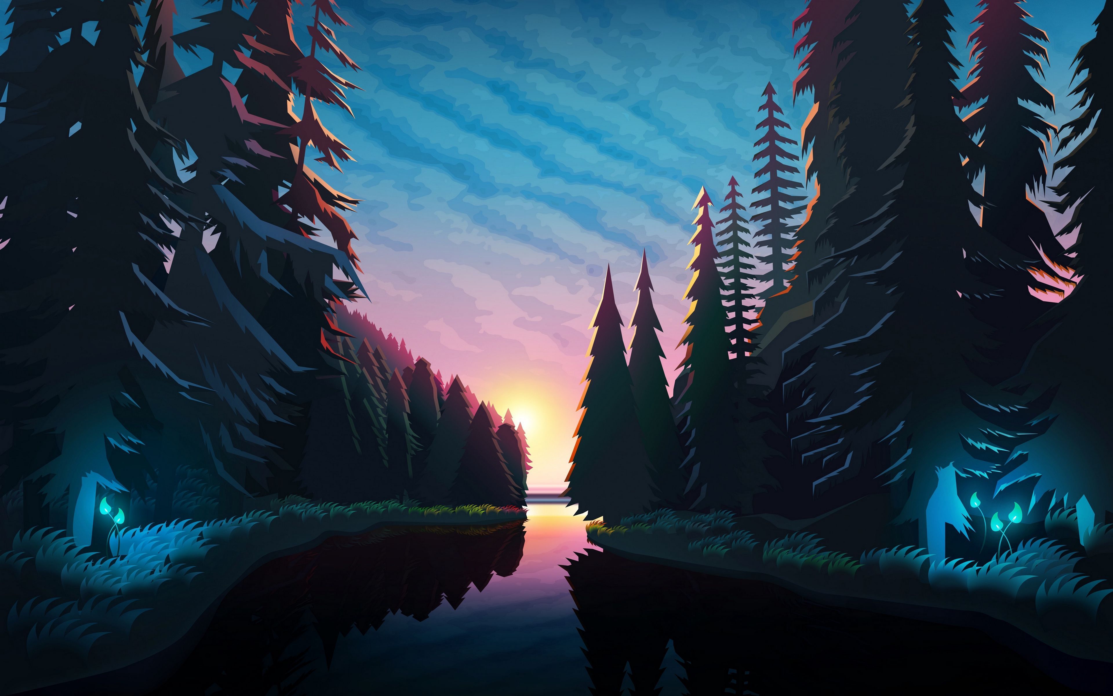 A painting of the forest at sunset - Nature