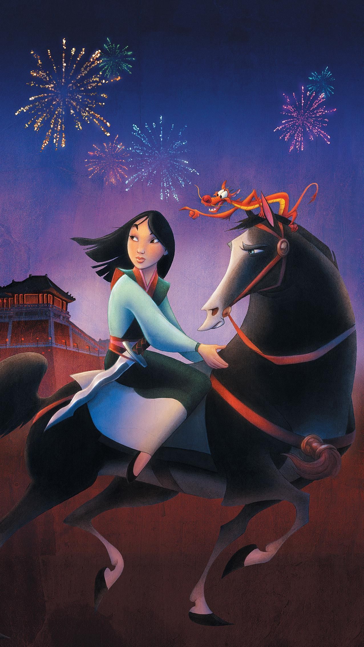 Mulan rides her horse in front of fireworks - Mulan