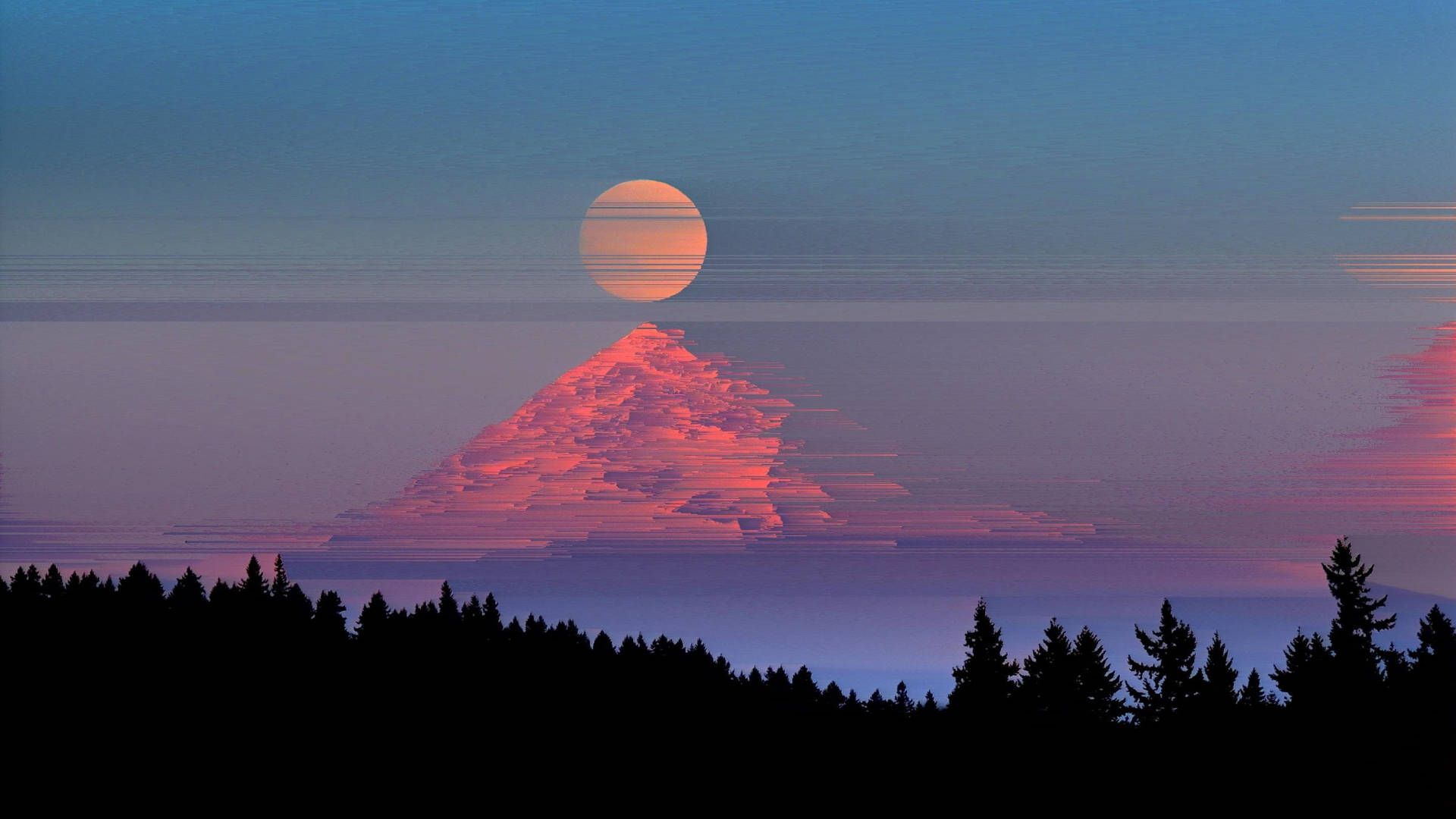 Glitch art of a mountain with a full moon - Nature