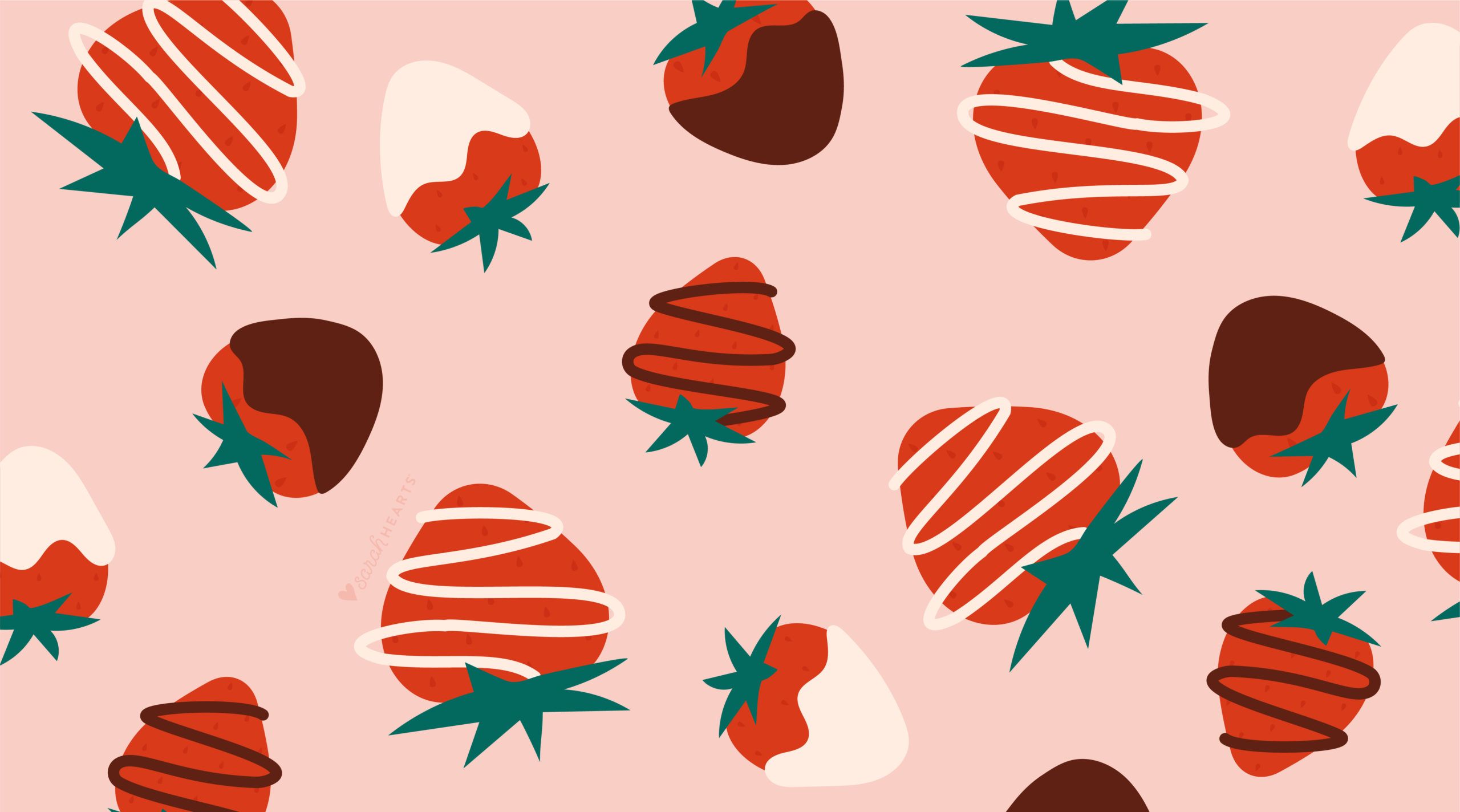 A pattern of chocolate covered strawberries on a pink background - Strawberry, February, chocolate