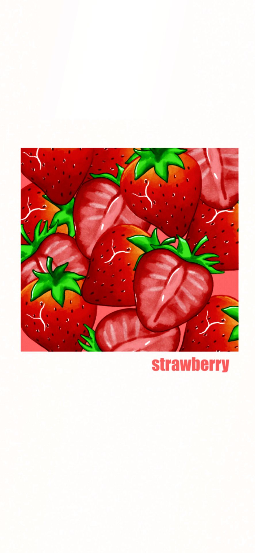 A phone wallpaper with a pattern of strawberries and the word 