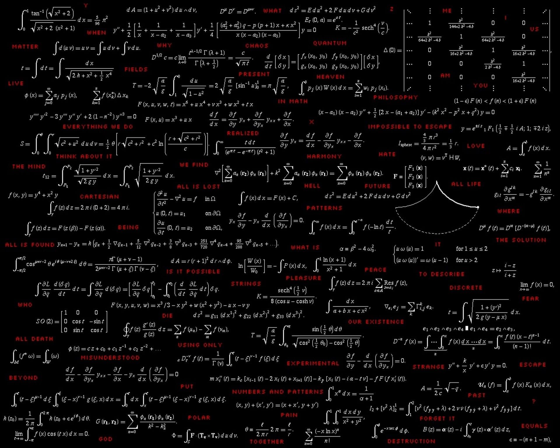 A blackboard with a lot of mathematical formulas and calculations written on it in red chalk. - Math