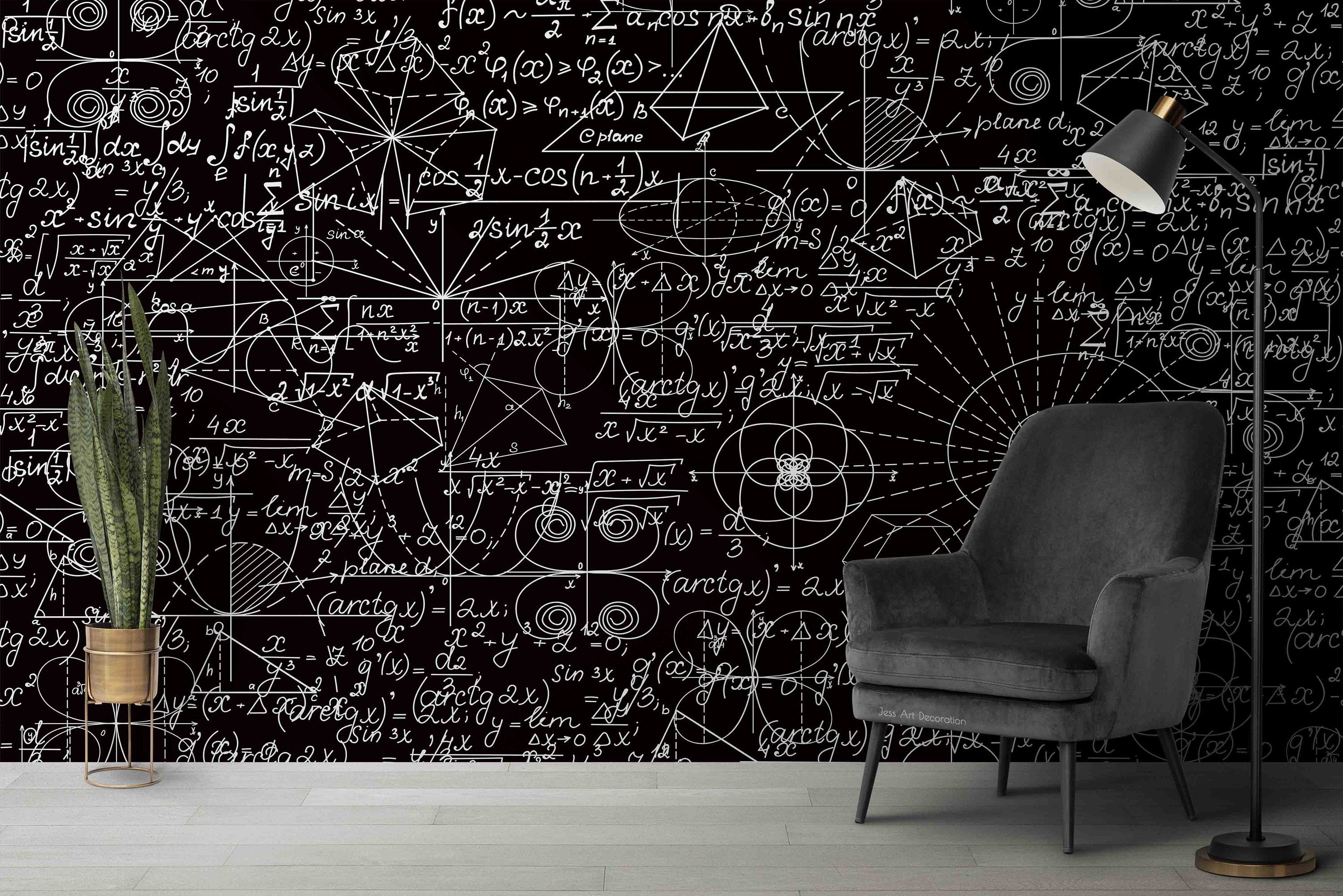 Blackboard wallpaper with mathematical equations and formulas in white chalk, behind a gray armchair and a floor lamp - Math