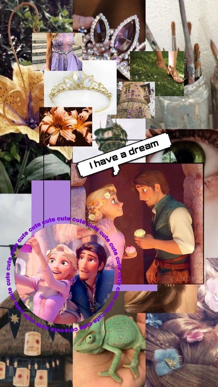 A collage of purple and green images from the movie Tangled - Rapunzel