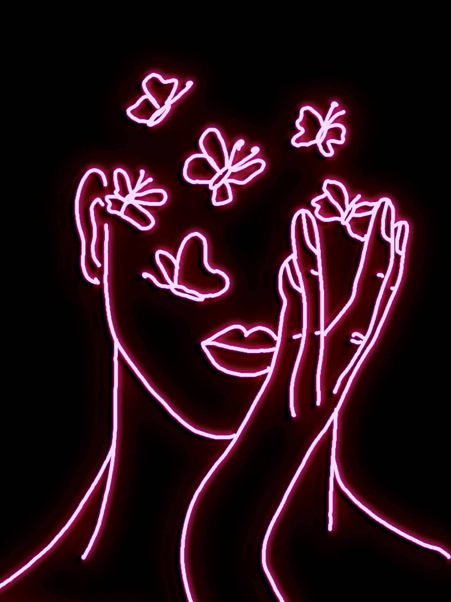A neon pink outline of a woman's face with butterflies around it - Neon pink, hot pink