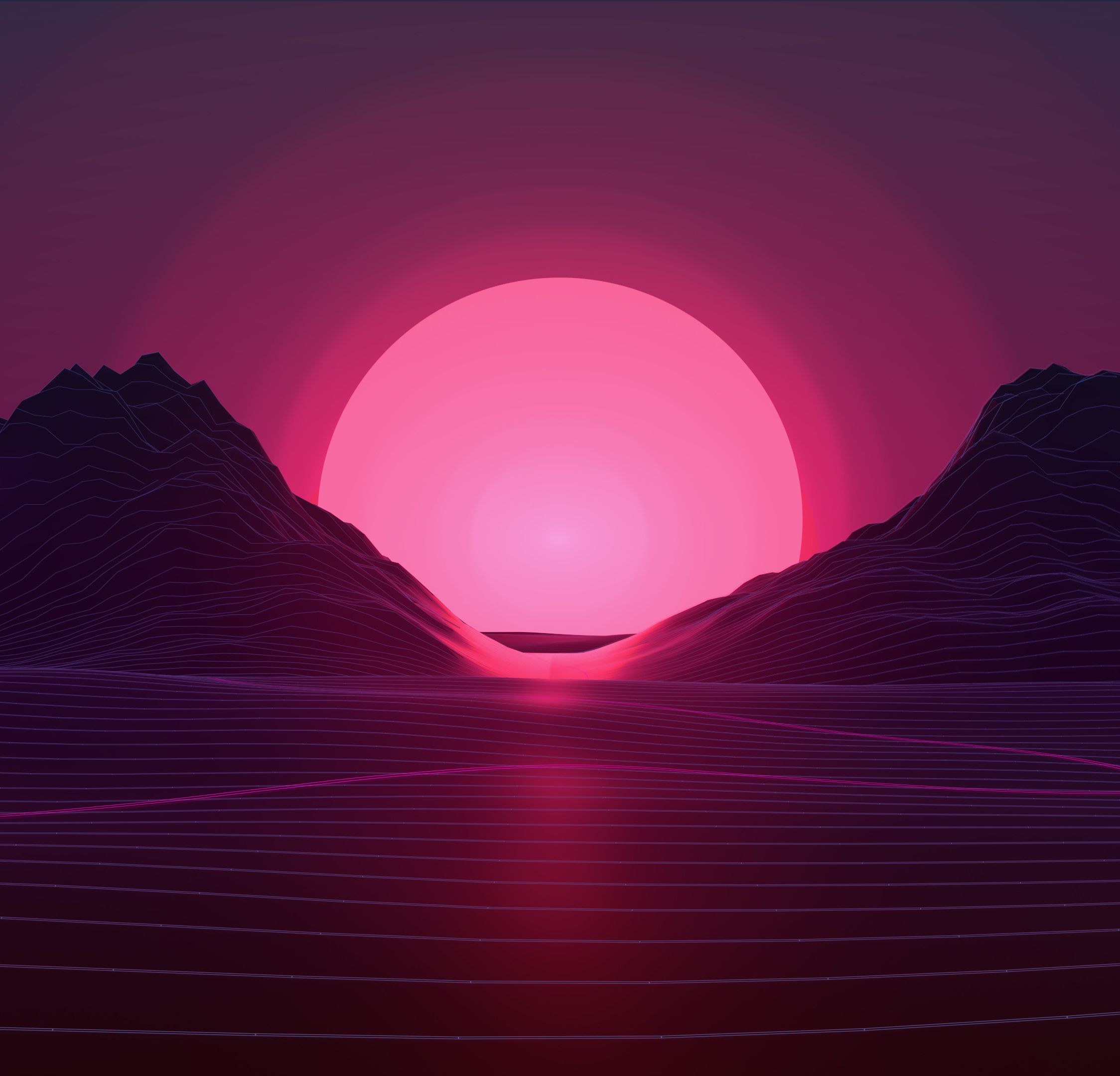A sunset scene with mountains and water - Neon pink