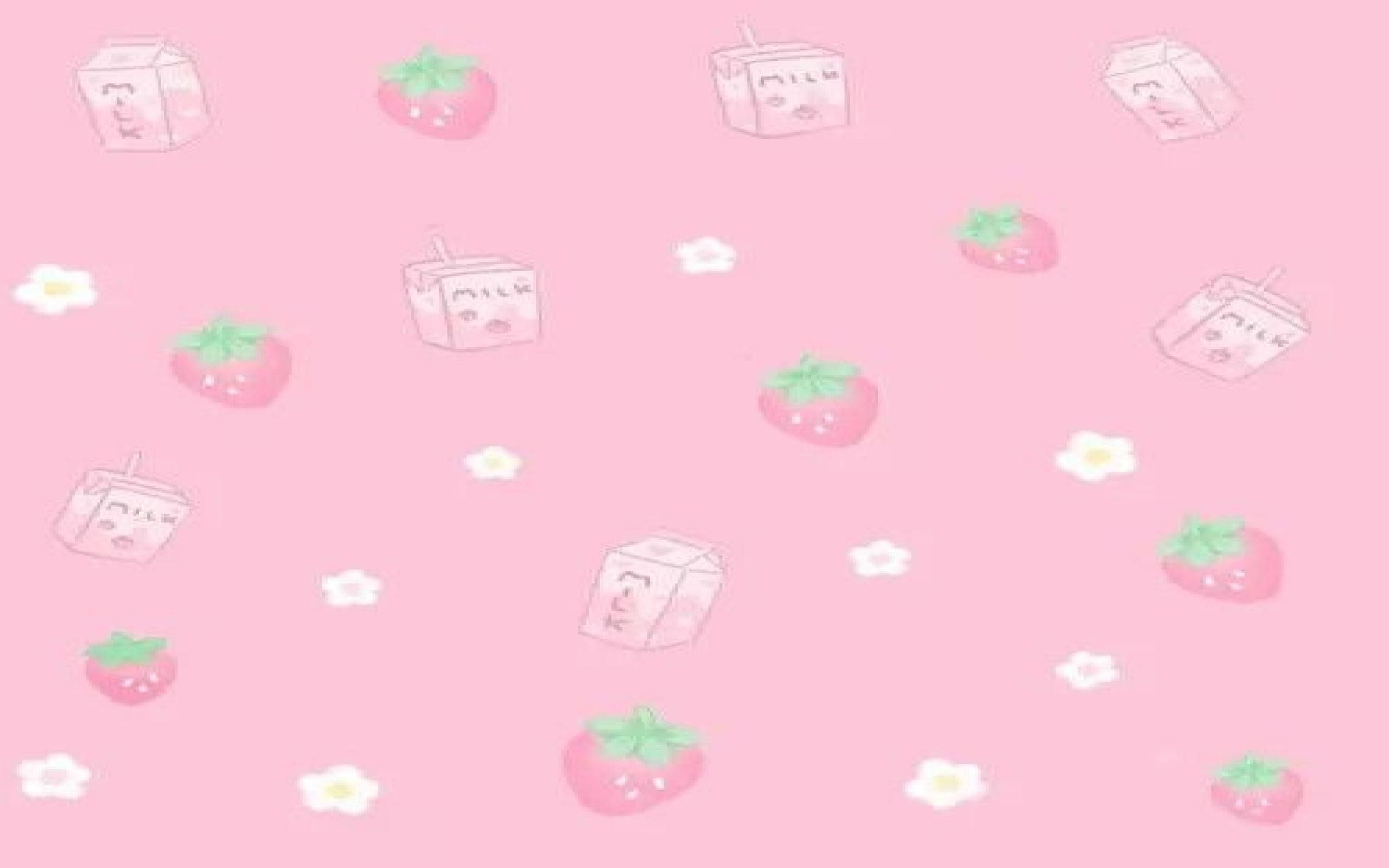 A pink background with strawberries and flowers - Strawberry