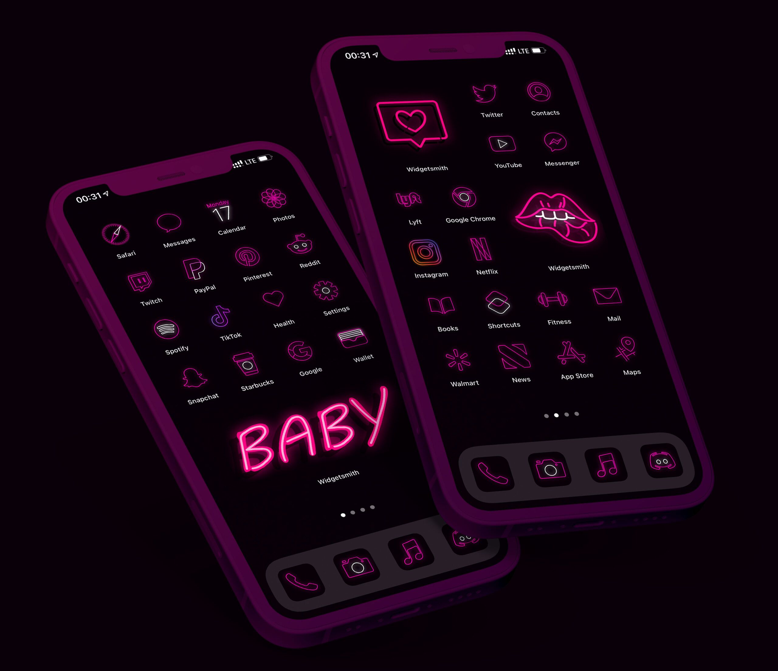 Two phones with pink neon light theme on the screen - Neon pink