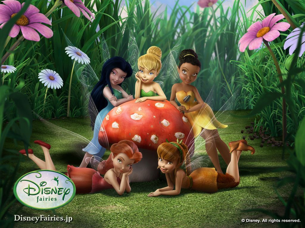 Tinker Bell and the other fairies are sitting on a mushroom. - Tinkerbell