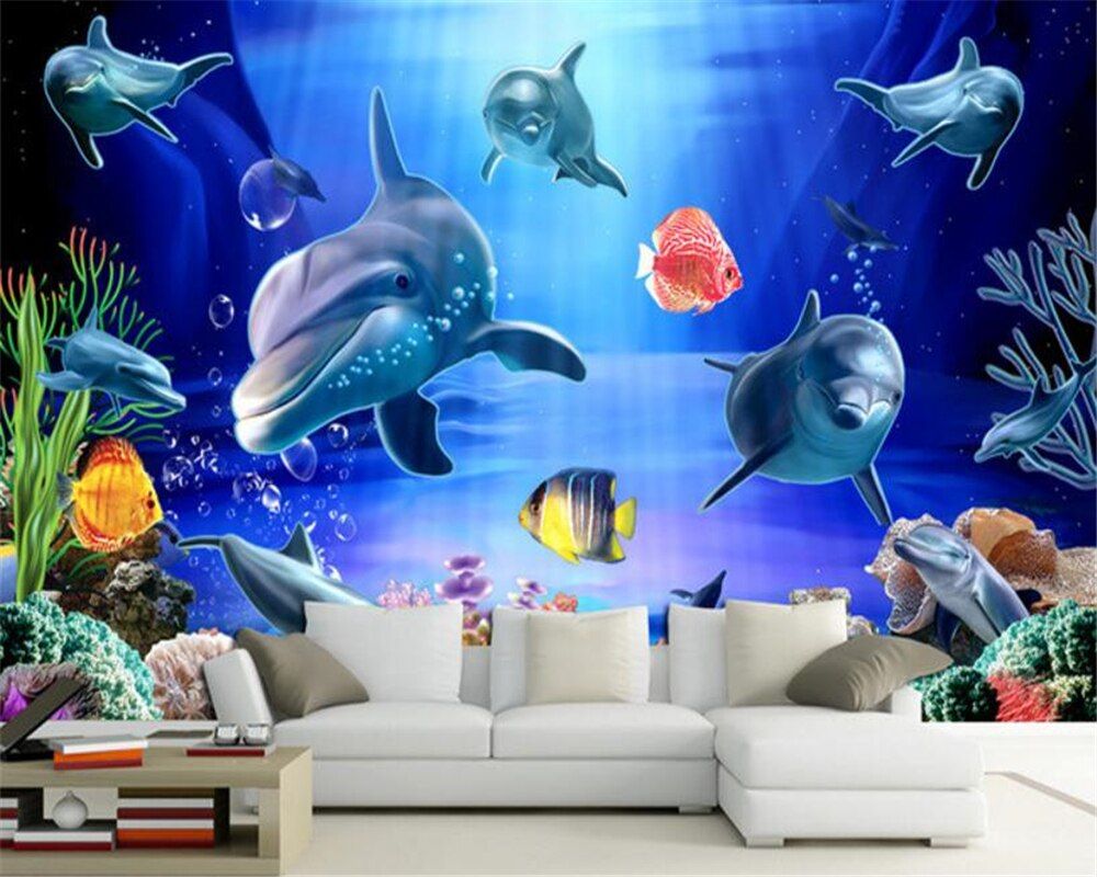 3D dolphin sea world photo wallpaper children room background wall painting - Underwater