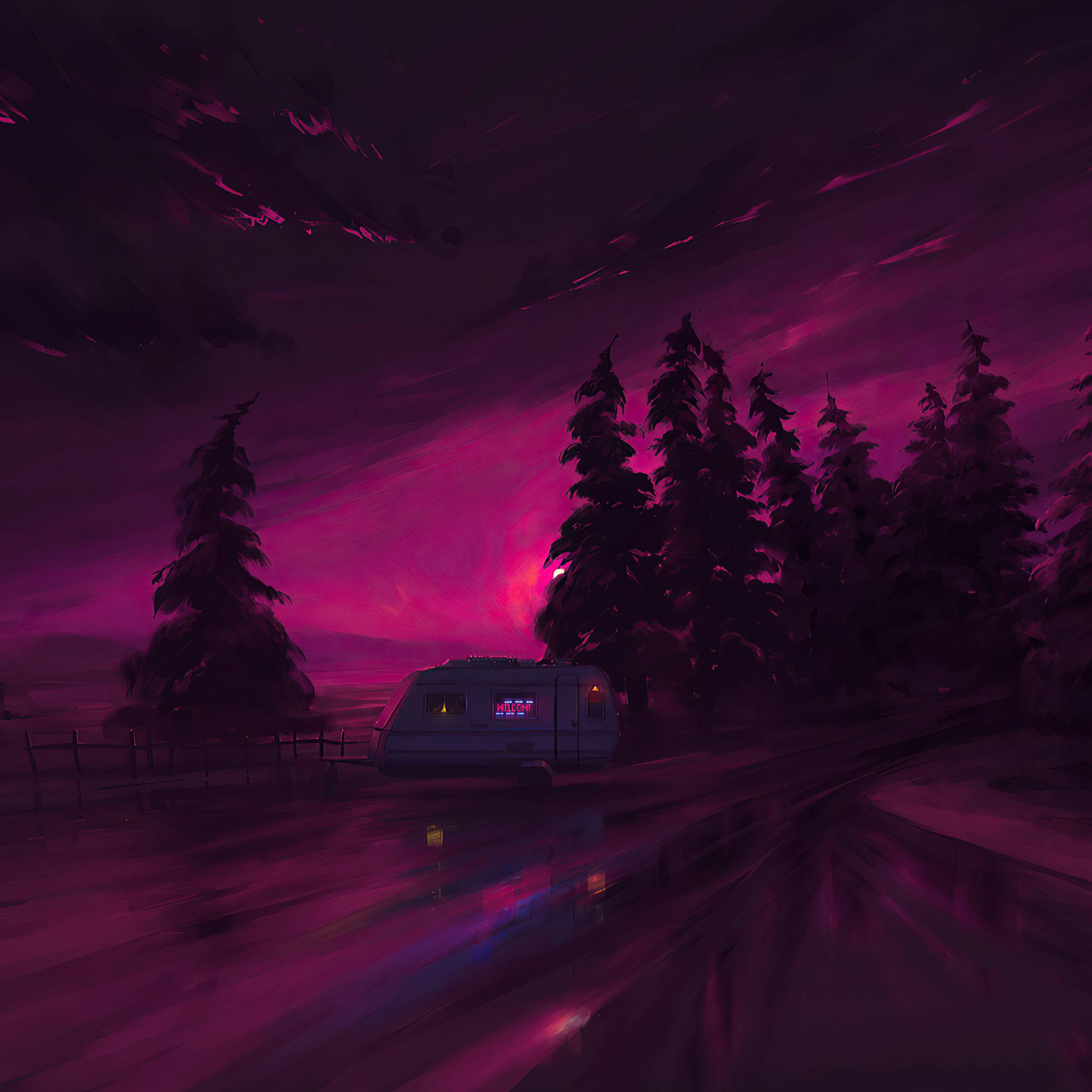 A digital painting of a camper van in a forest with a pink and purple sunset - Neon pink