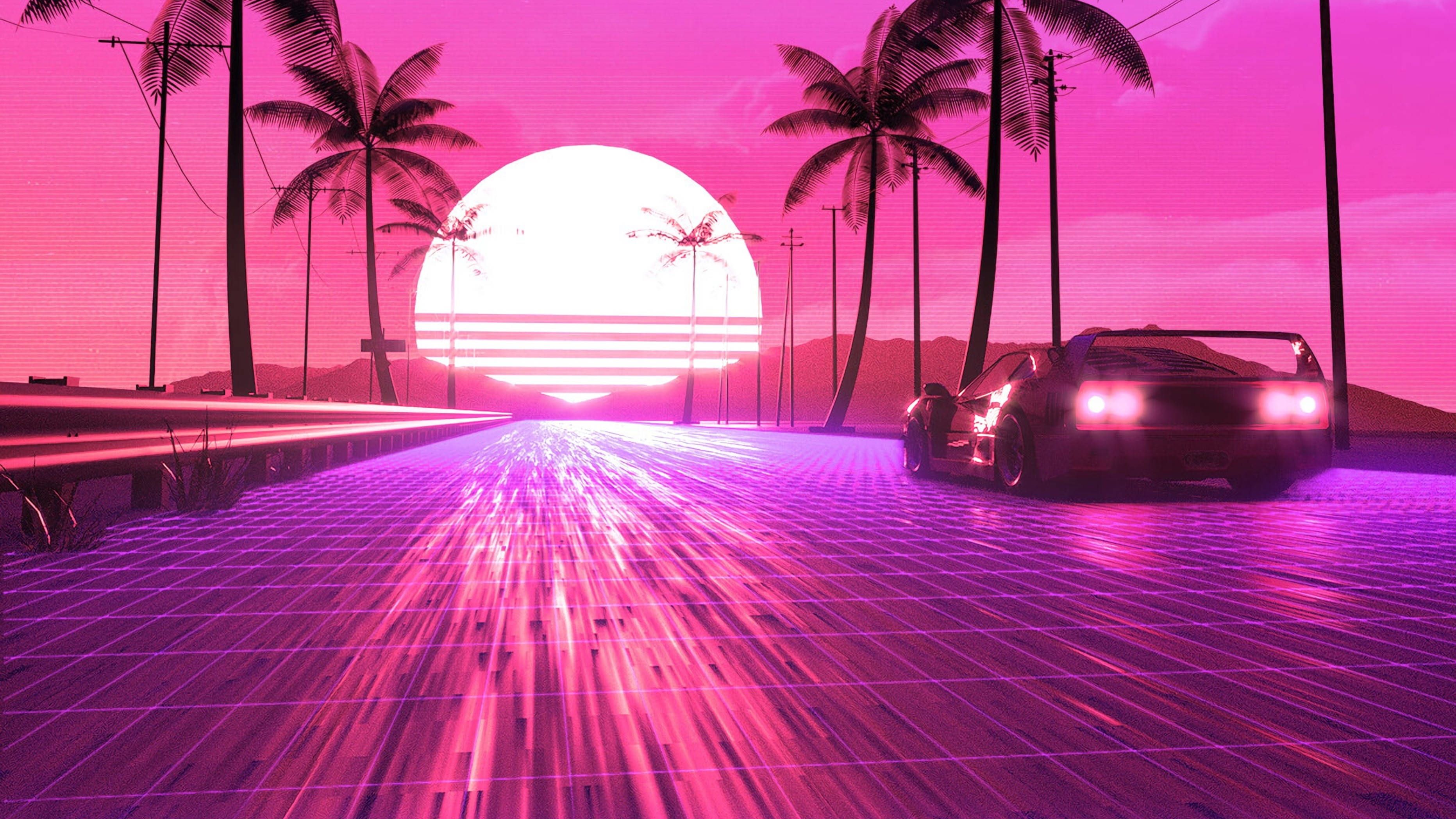 A car driving down the road in neon colors - Neon pink