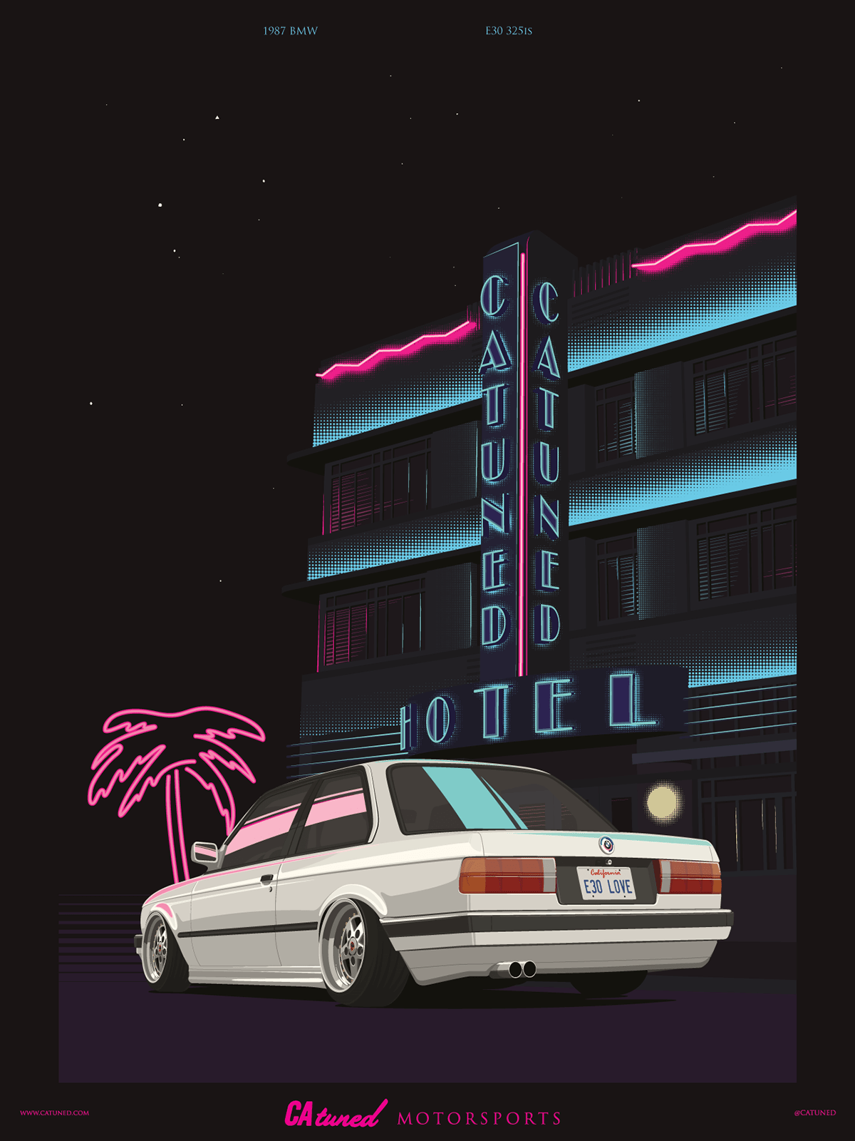 A neon lit poster of an old hotel - BMW